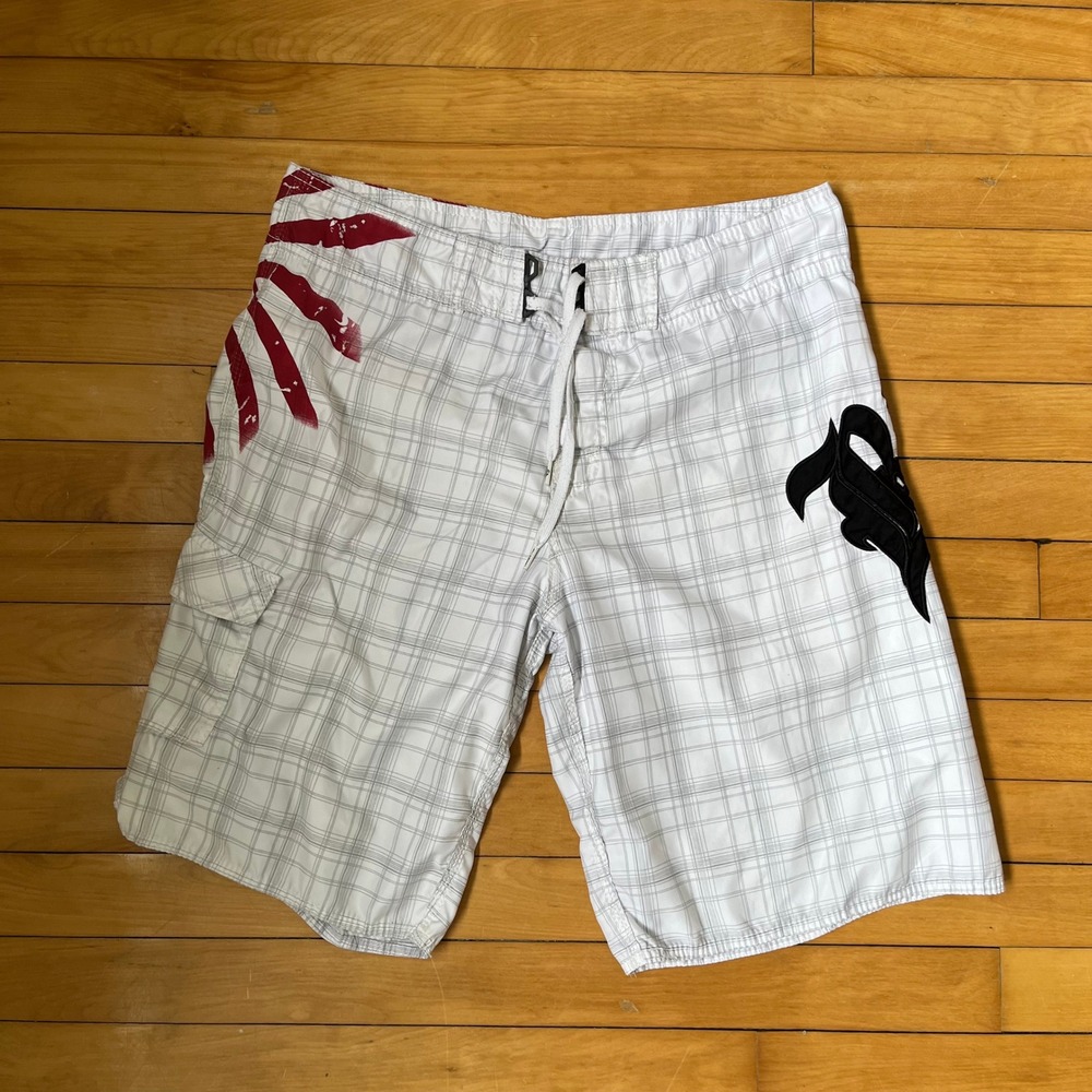 Billabong Mens Plaid Board Shorts White Red Rising Sun Y2K Logo Size 36 Surf